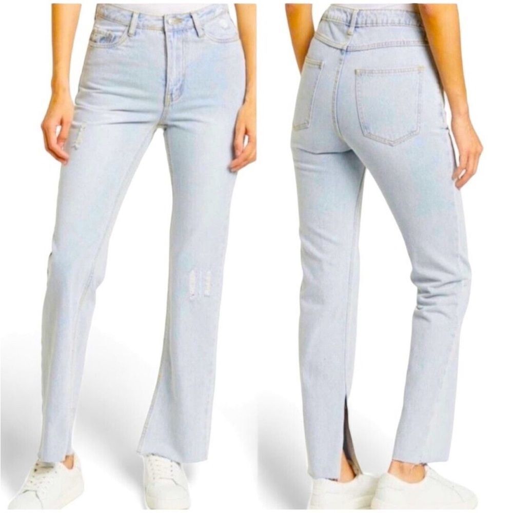 Avec Les Filles Light Wash High Rise Straight Leg Side Slit Raw Hem Jeans